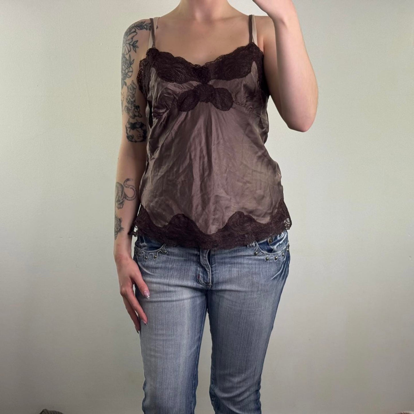Y2K vintage 100% pure silk lace trim cami top strappy brown