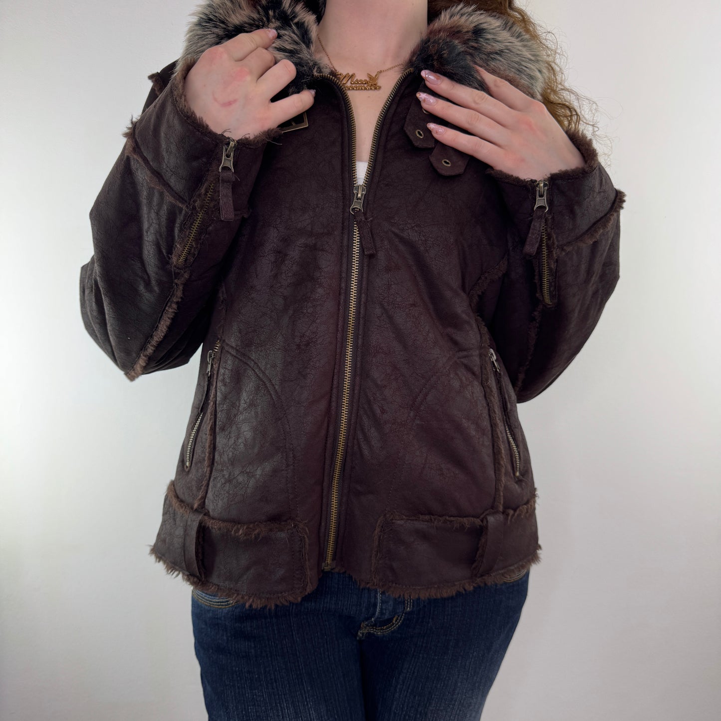 Y2K vintage faux suede zip up jacket faux fur collar trim