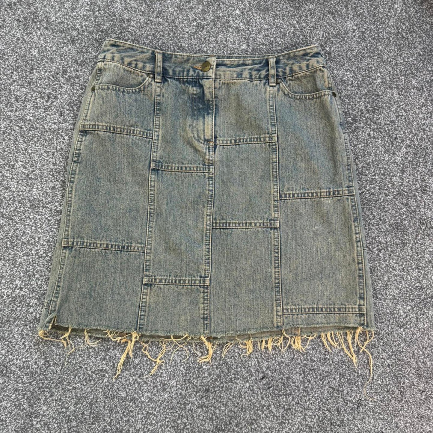 Y2K vintage patchwork denim midi skirt fraying hem above knee