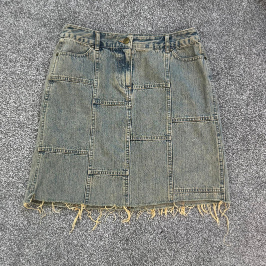 Y2K vintage patchwork denim midi skirt fraying hem above knee