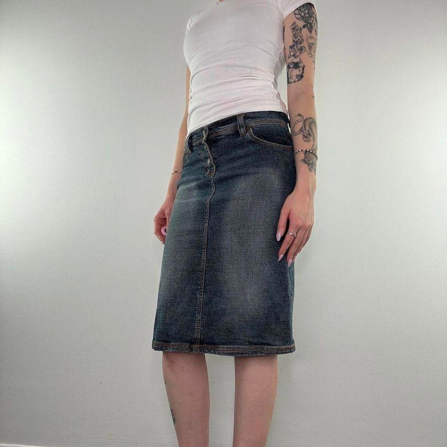 Y2K vintage low rise faded denim midi skirt dark blue button up