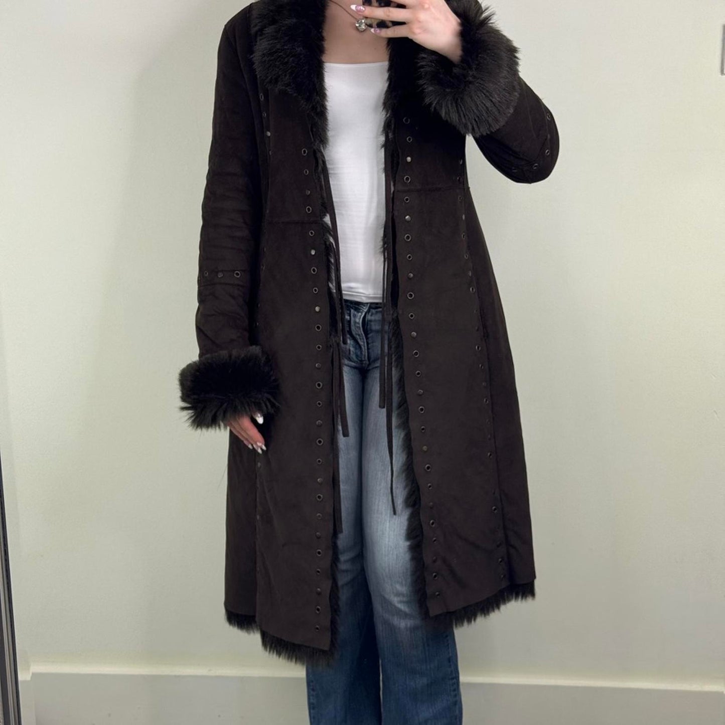 Y2K vintage faux fur coat long trench afghan full length studded grommet brown