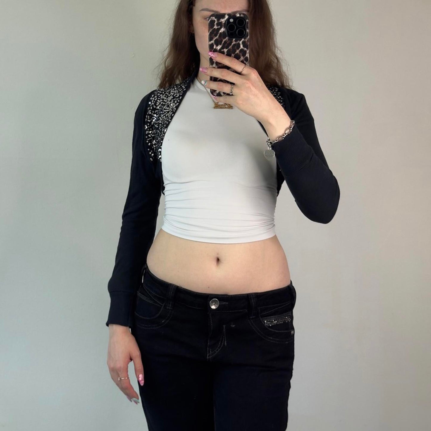 Y2K vintage black cropped cardigan bolero silver sparkly glitter long sleeve
