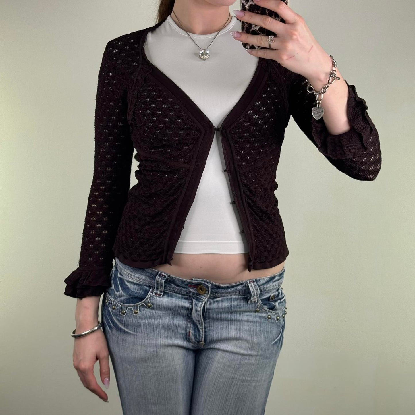 Y2K vintage Karen Millen fine knit cardigan 3/4 sleeve hook and eye frill fitted