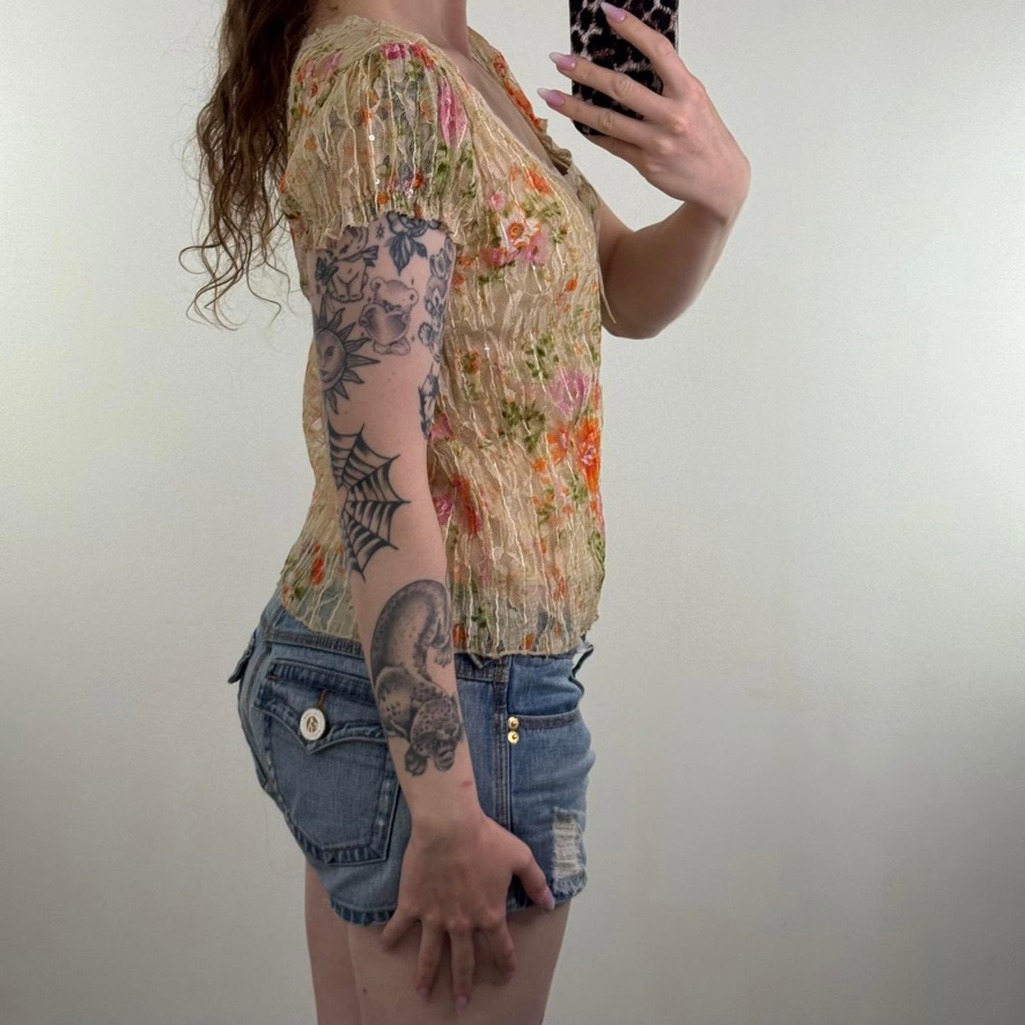 Y2K vintage Per Una mesh overlay short sleeve top round neck double layer bow