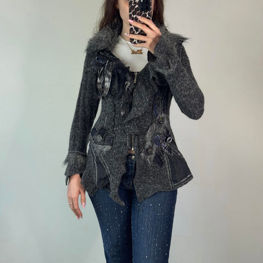 Y2K vintage archive knit patchwork zip up cardigan real fur leopard print button