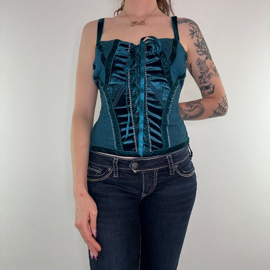 Y2K vintage corset style lace rhinestone lace up top