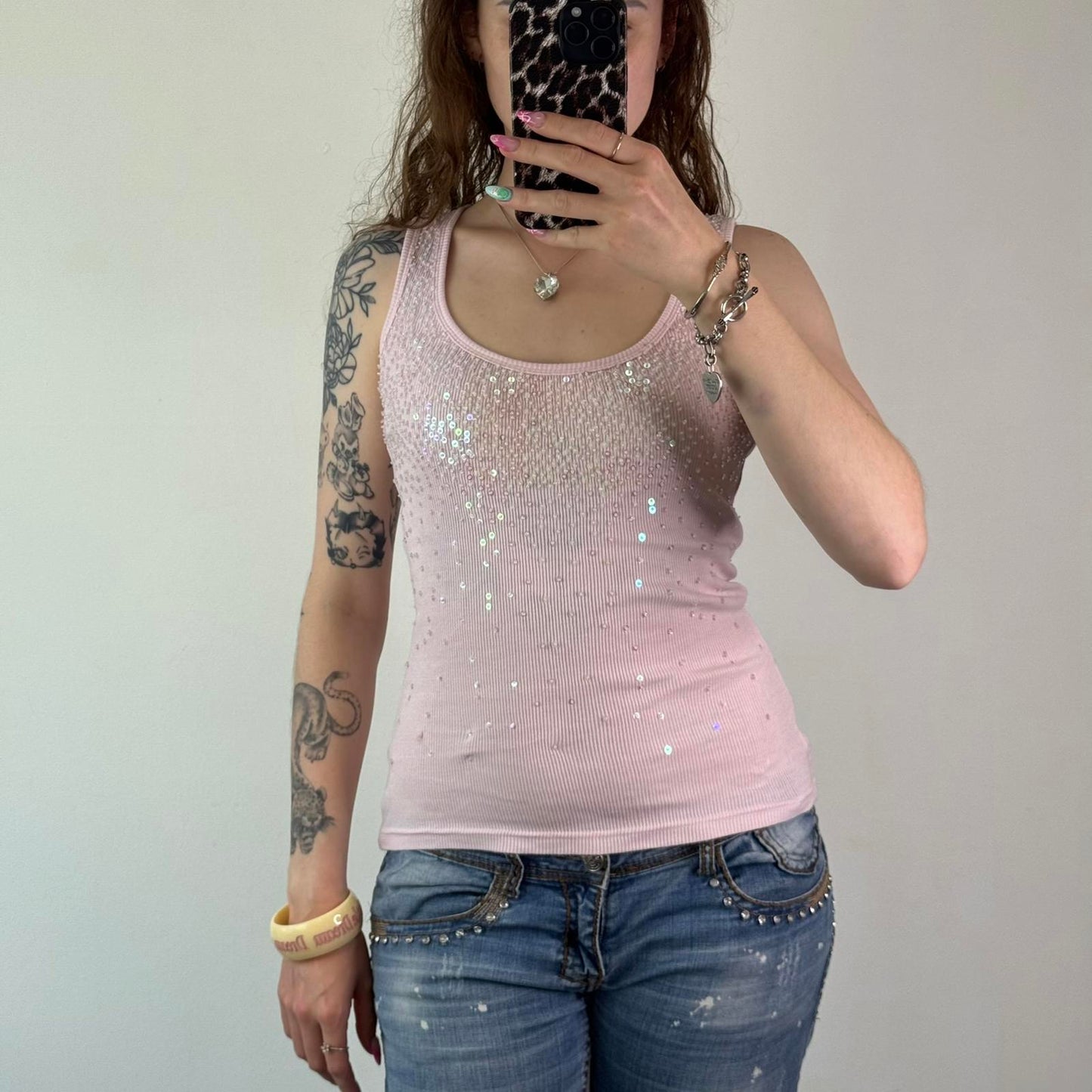 Y2K vintage sequin beaded embellished ribbed tank top round neckline baby pink