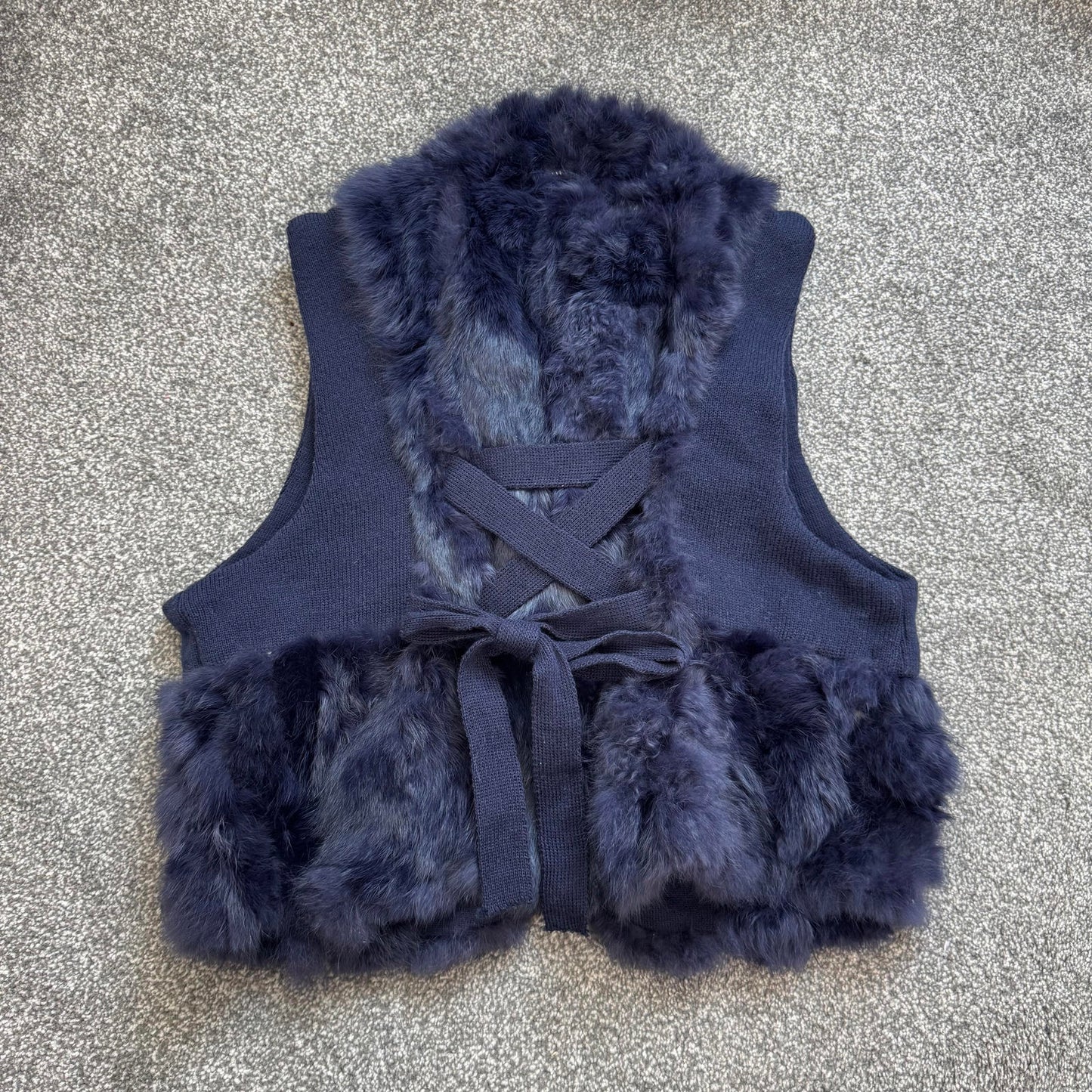 Genuine lapin rabbit fur gilet lace up back sleeveless jacket blue hook and eye