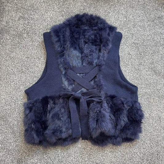 Genuine lapin rabbit fur gilet lace up back sleeveless jacket blue hook and eye