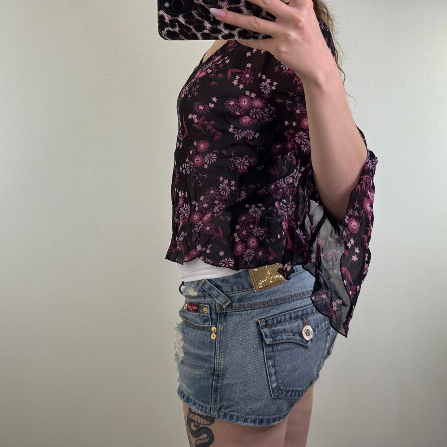 Y2K vintage sheer floral pattern flare sleeve top v neck purple black blouse