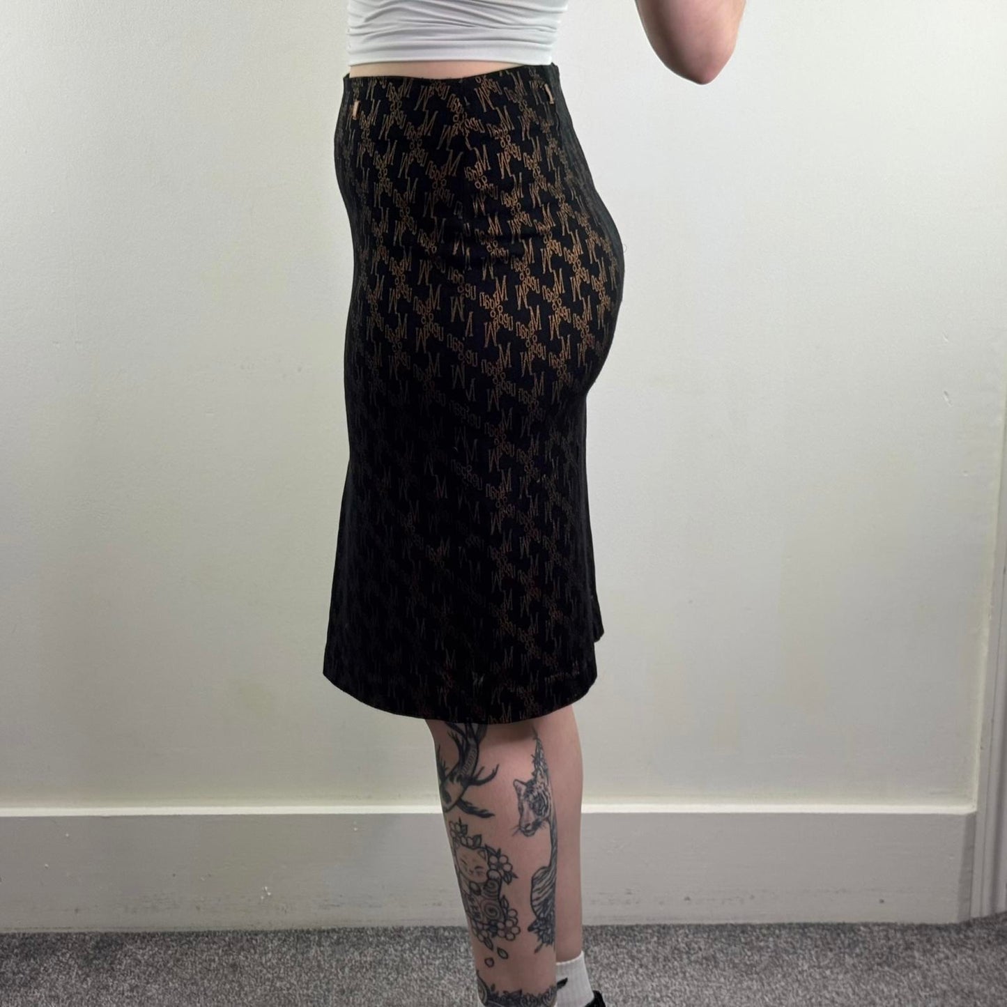 Y2K vintage Morgan De Toi midi skirt thigh slit black gold knee length tailored