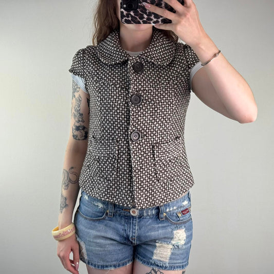 Y2K vintage sparkly part wool button up short sleeve jacket archive brown white