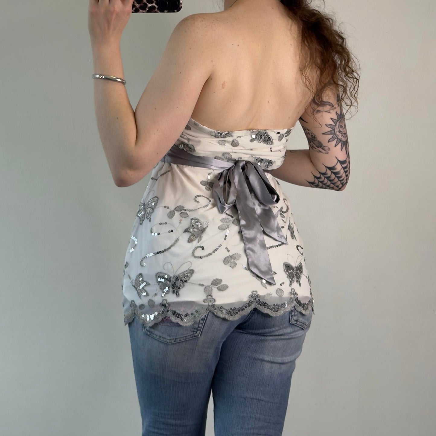 Y2K vintage strapless sequin butterfly mesh bow top festival summer party