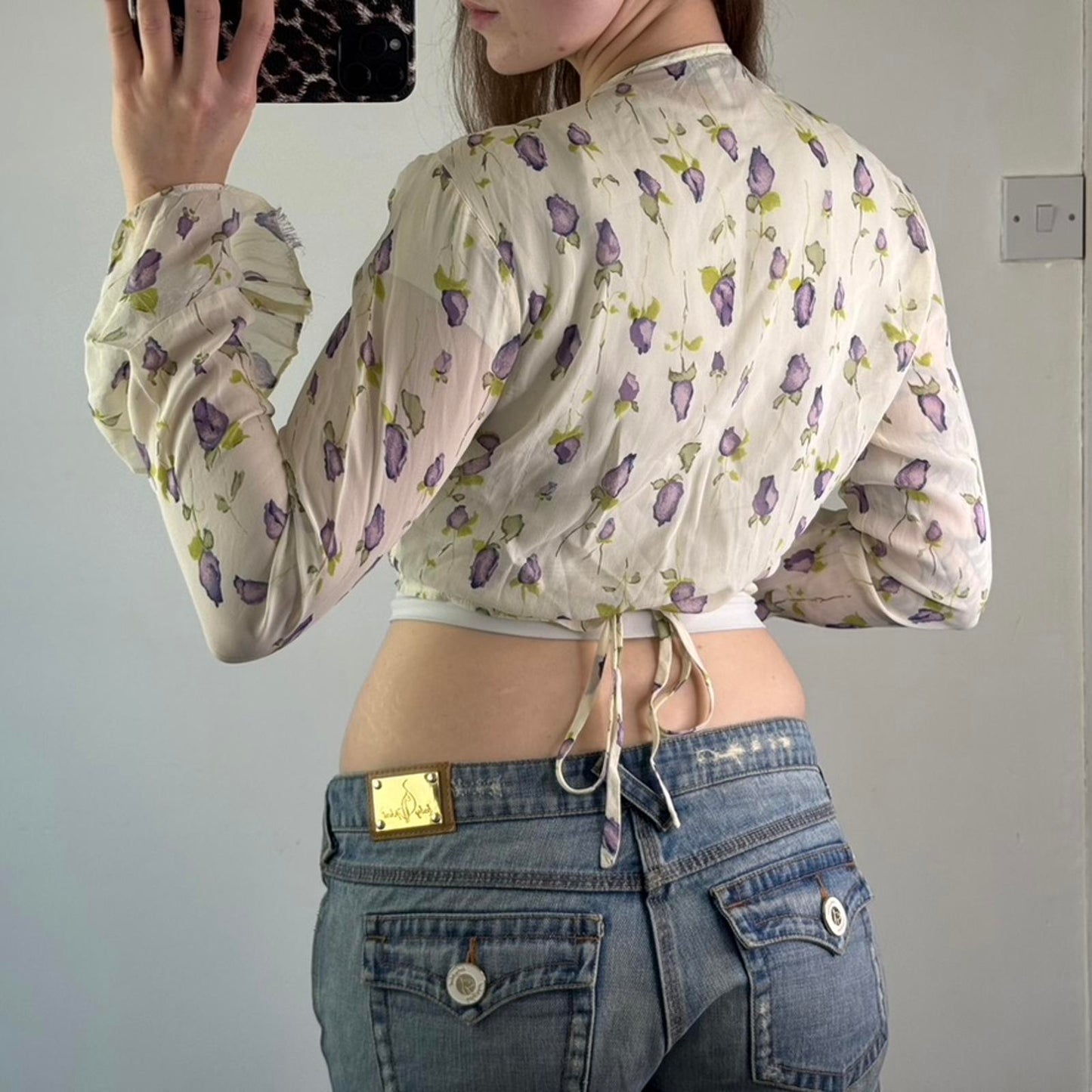 Y2K vintage Oasis floral cropped frilly cardigan tie back bow frill wraparound