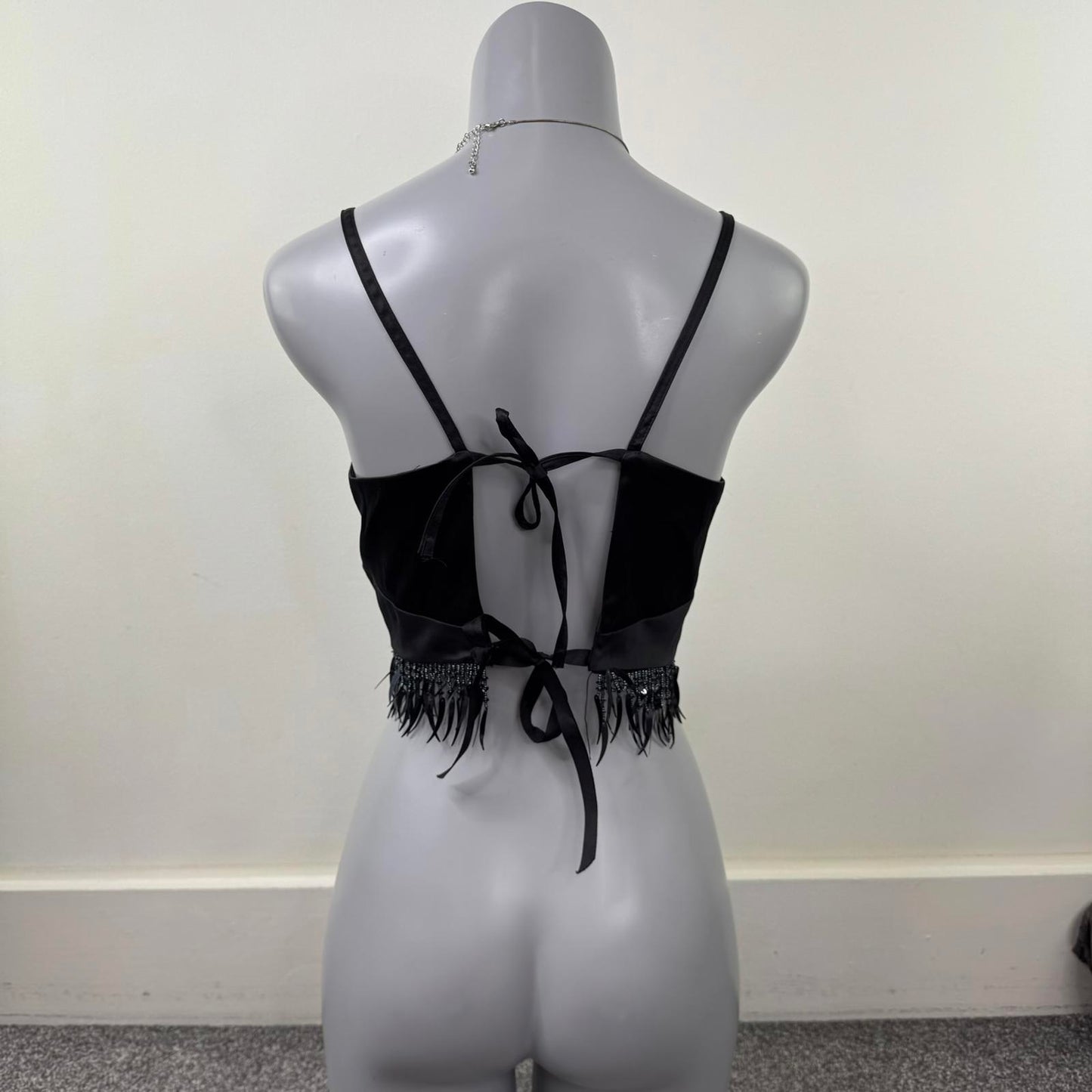 Y2K vintage crop beaded top open back fringe strappy bow 90s party going out