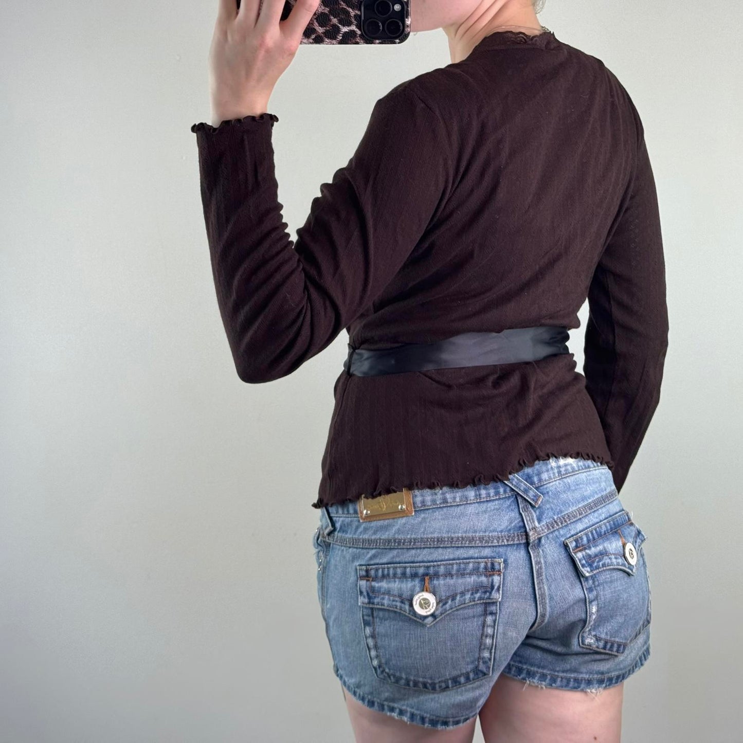 Y2K vintage fine knit button up cardigan satin bow v neck lace trim lettuce hem