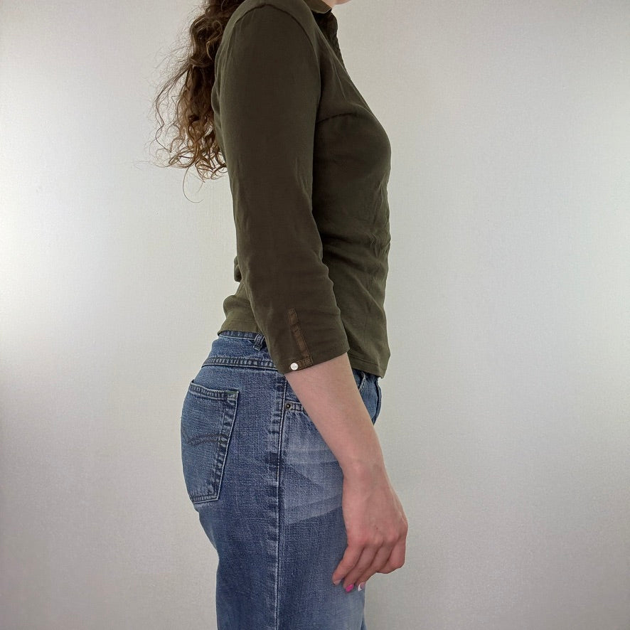 Y2K vintage khaki henley 3/4 sleeve polo top