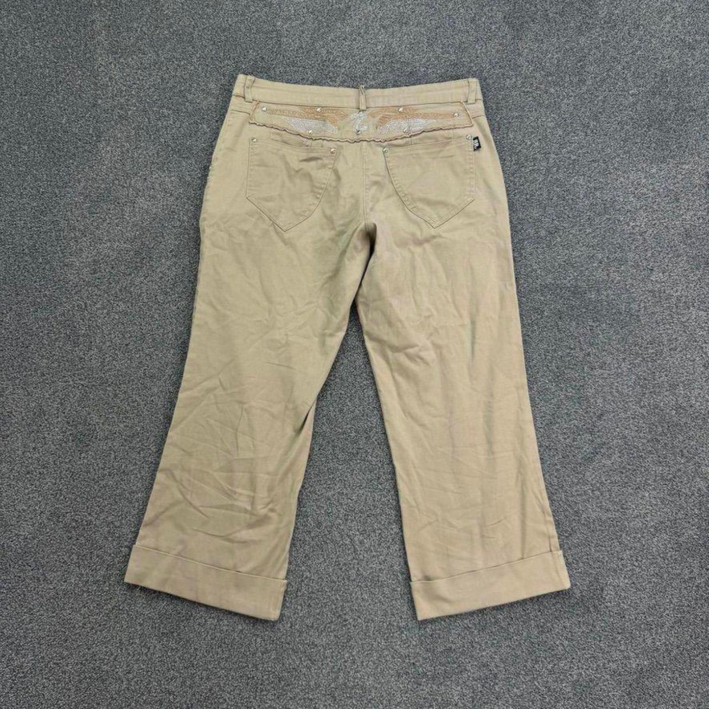 Y2K vintage stretchy low rise capri tribal embroidery trousers cropped studded