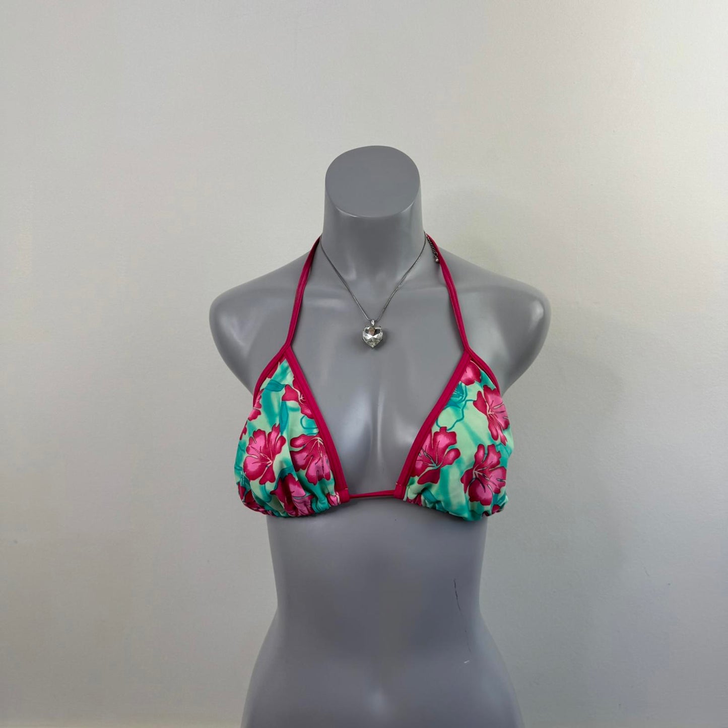 Y2K vintage hibiscus floral halter neck bikini top pink green no padding