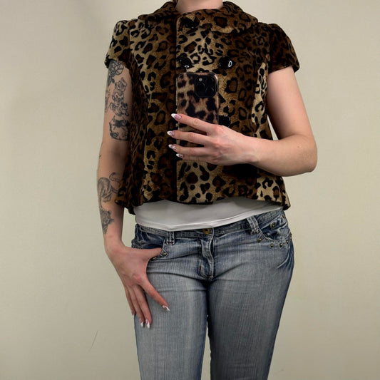 Y2K vintage leopard print pea coat jacket short sleeve high neck short length