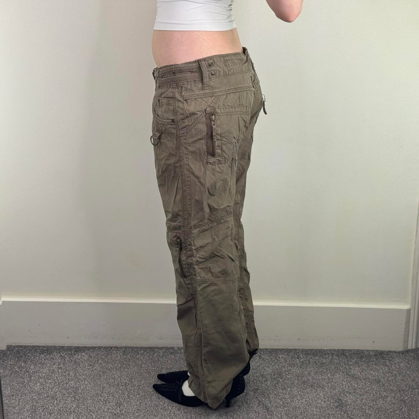 Y2K vintage low rise cargo trousers baggy utility pockets zippers wide leg