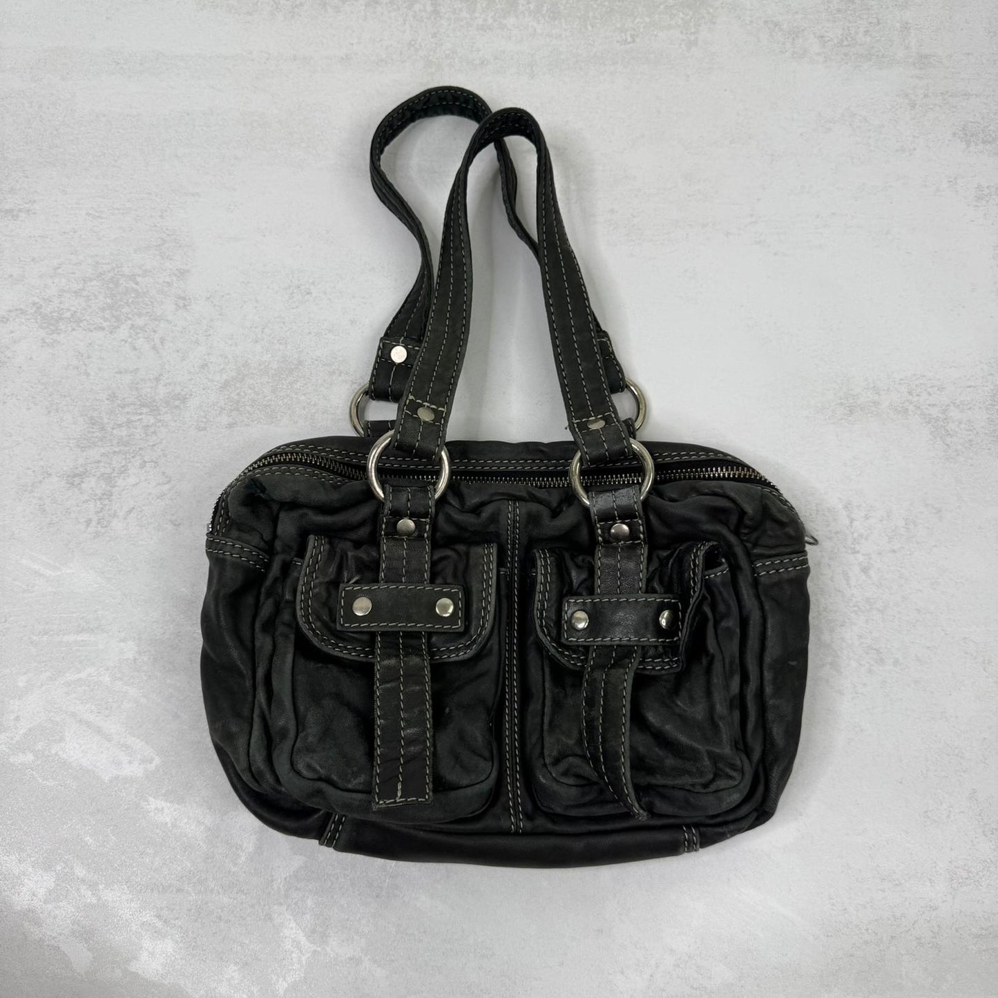 Y2K vintage 100% leather shoulder bag buckles pockets mini small o ring
