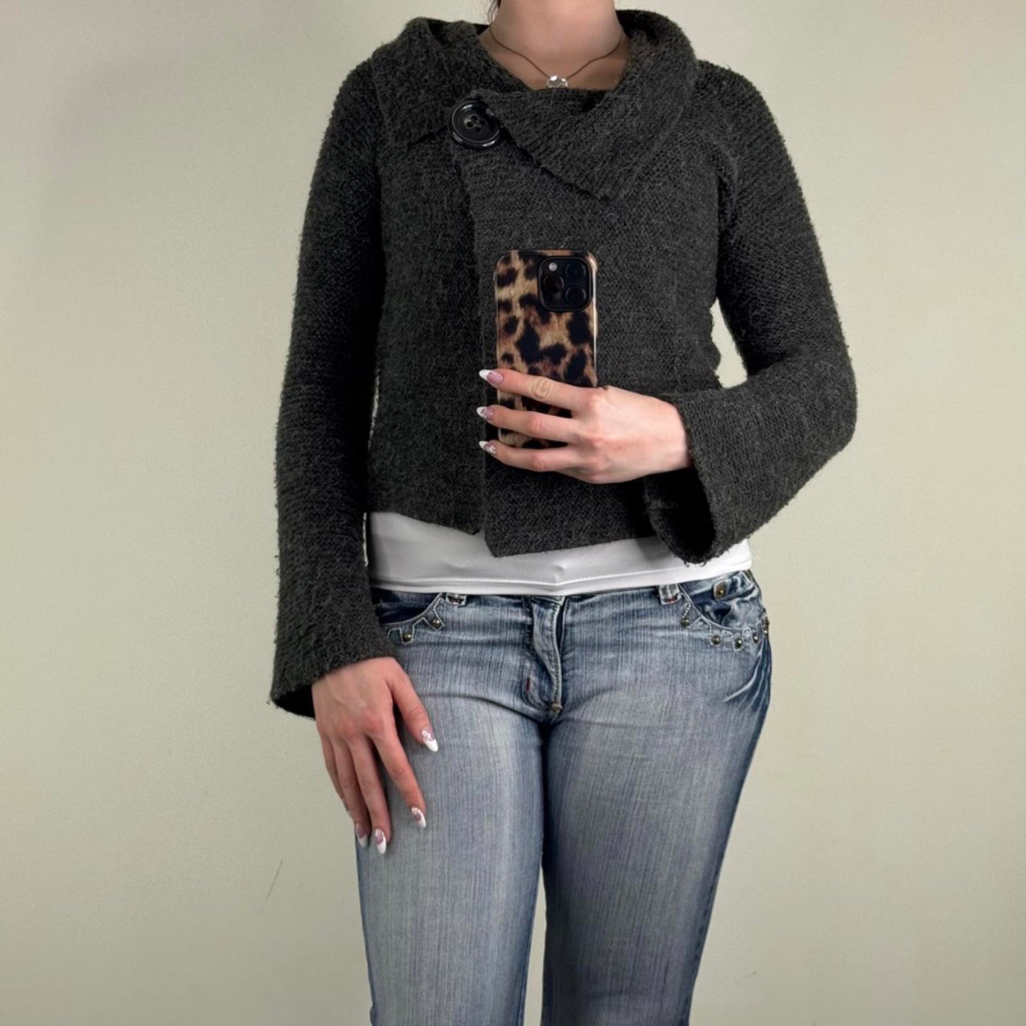 Y2K vintage knit cardigan flare sleeve button grey short length fold over neck