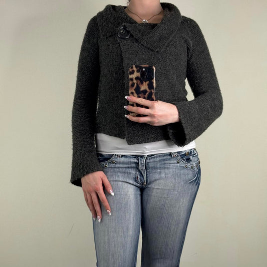 Y2K vintage knit cardigan flare sleeve button grey short length fold over neck