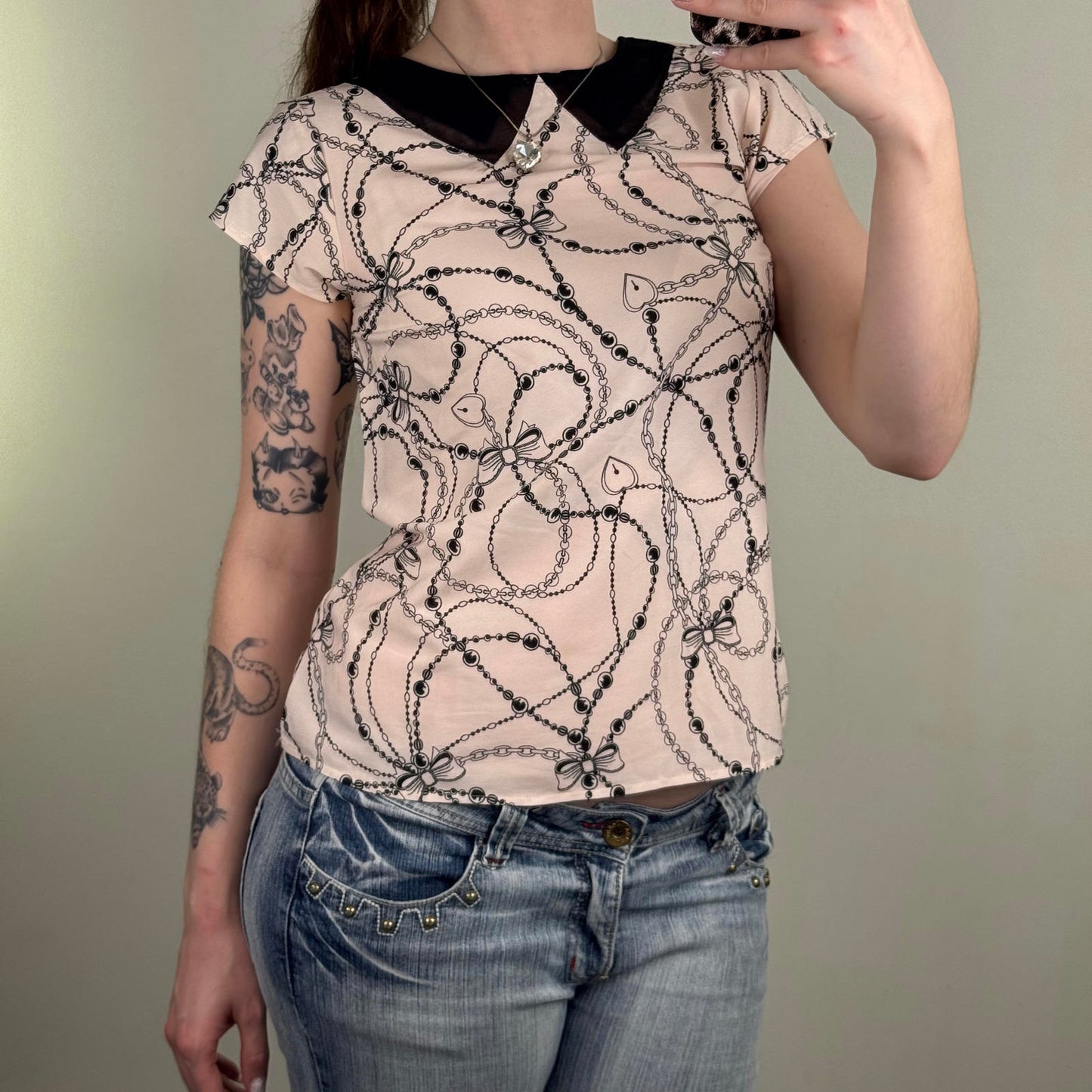 Y2K vintage short sleeve blouse heart locket bow bead pattern collared style
