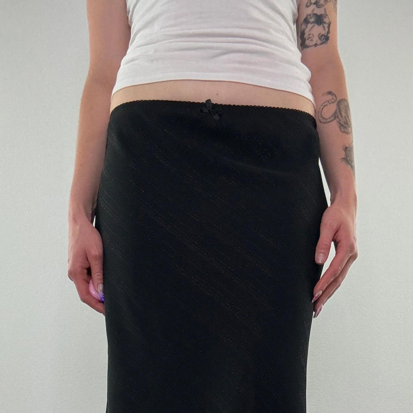 Y2K vintage sparkly stripe bow maxi skirt stretchy office work formal flowy