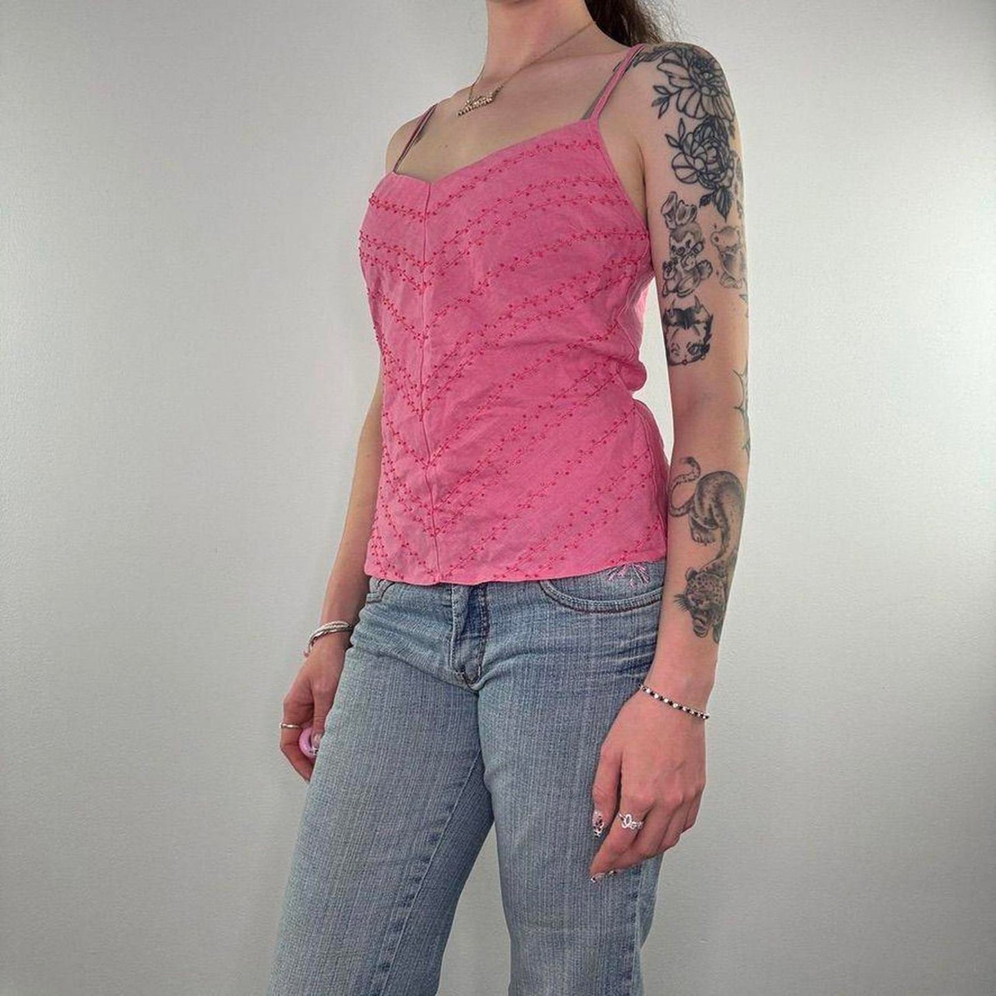 Y2K vintage 100% linen cami top adjustable bow beaded embroidered stripes v neck