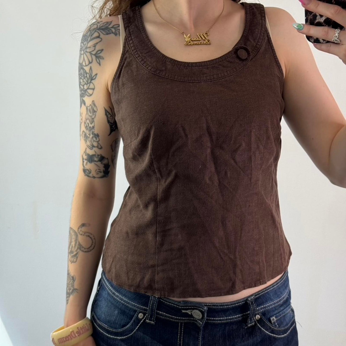 Y2K vintage part linen round neck sleeveless tank top button archive brown