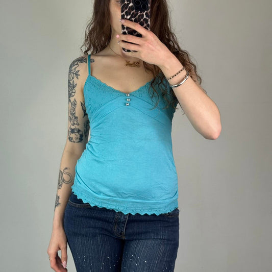 Y2K vintage Bay cami top tie back bow rhinestone v neck scallop hem