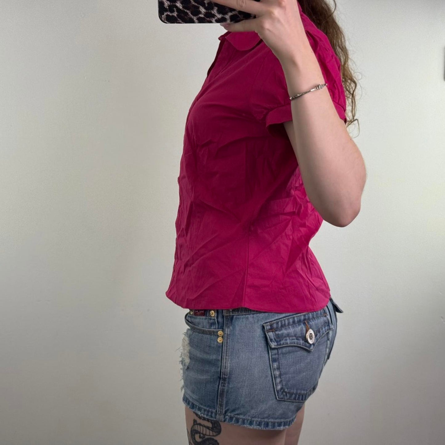 Y2K vintage button up short sleeve blouse shirt stretchy puff ball ruched pocket