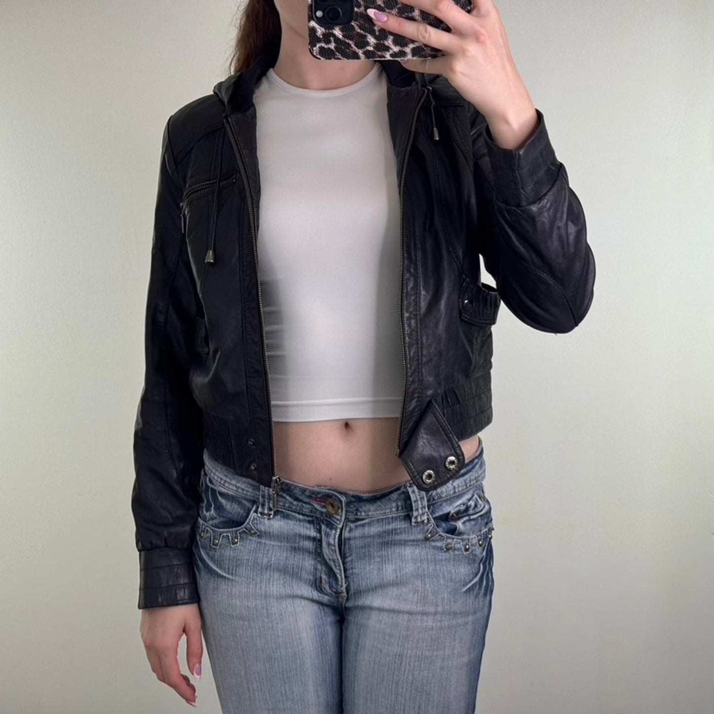 Y2K vintage genuine leather zip up jacket crop short length elastic waist hood