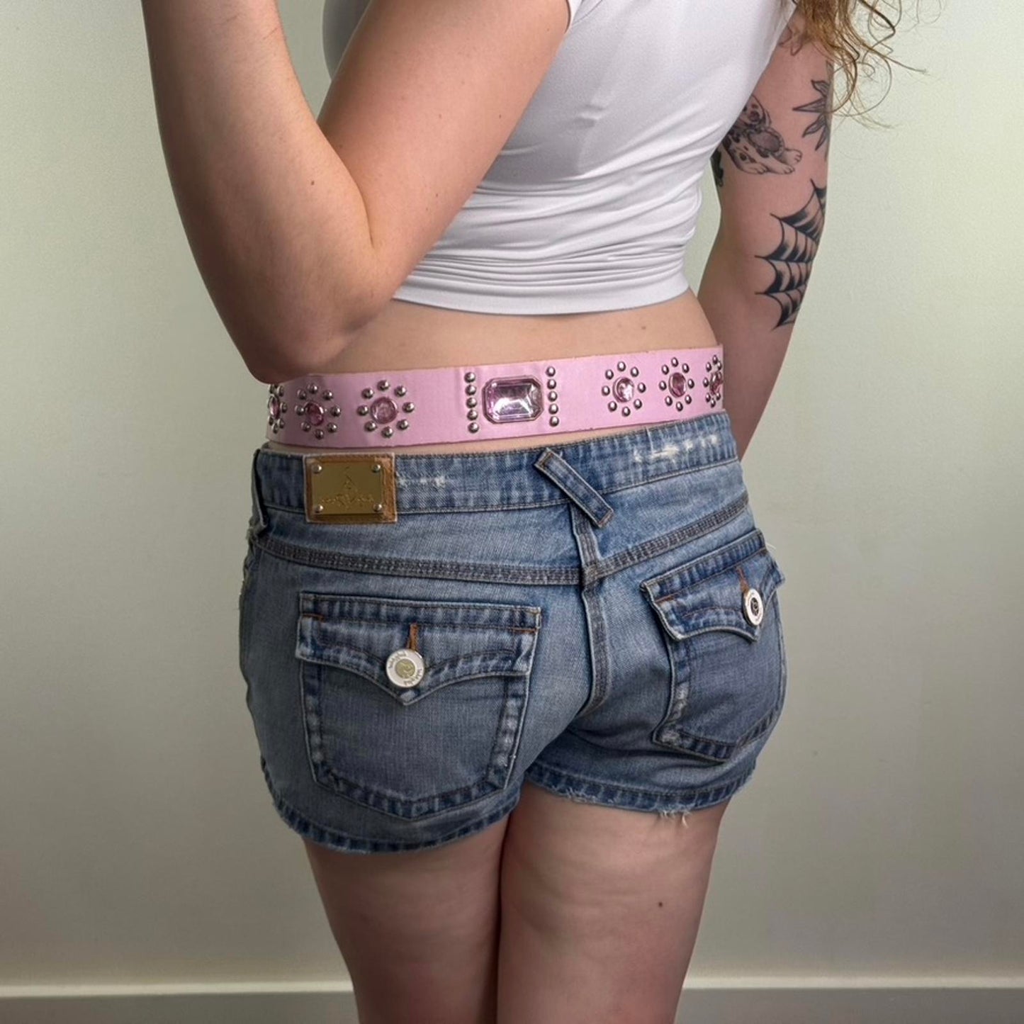 Y2K vintage faux leather chunky belt mcbling rhinestone studded baby pink silver