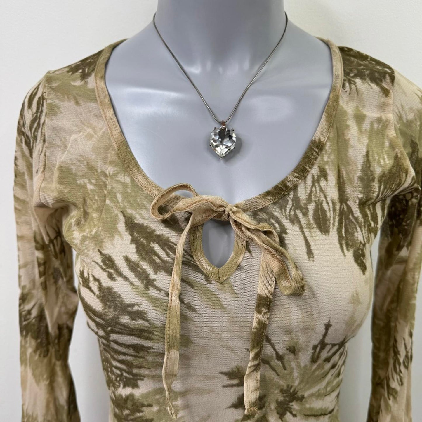Y2K vintage tie dye mesh long flare sleeve top asymmetrical hem bow lettuce boho