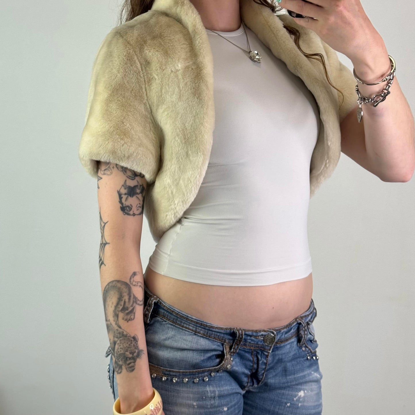 Y2K vintage faux fur open front cropped jacket short sleeve