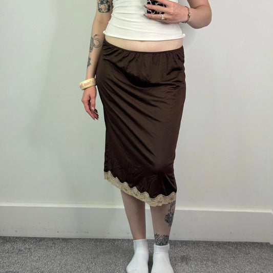 Vintage slip midi skirt lace trim brown cream past knee length