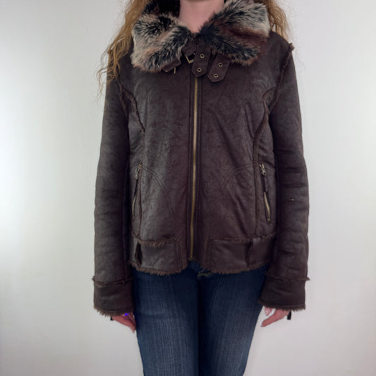 Y2K vintage faux suede zip up jacket faux fur collar trim
