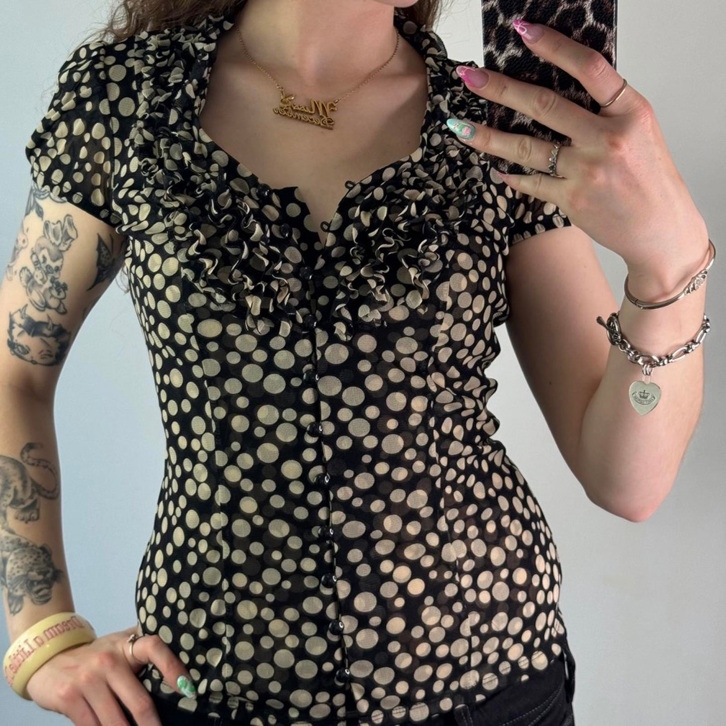 Y2K vintage polka dot spotty double mesh puff short sleeve top v neck frilly