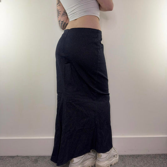 Y2K vintage sparkly denim fishtail fitted stretchy maxi skirt flattering