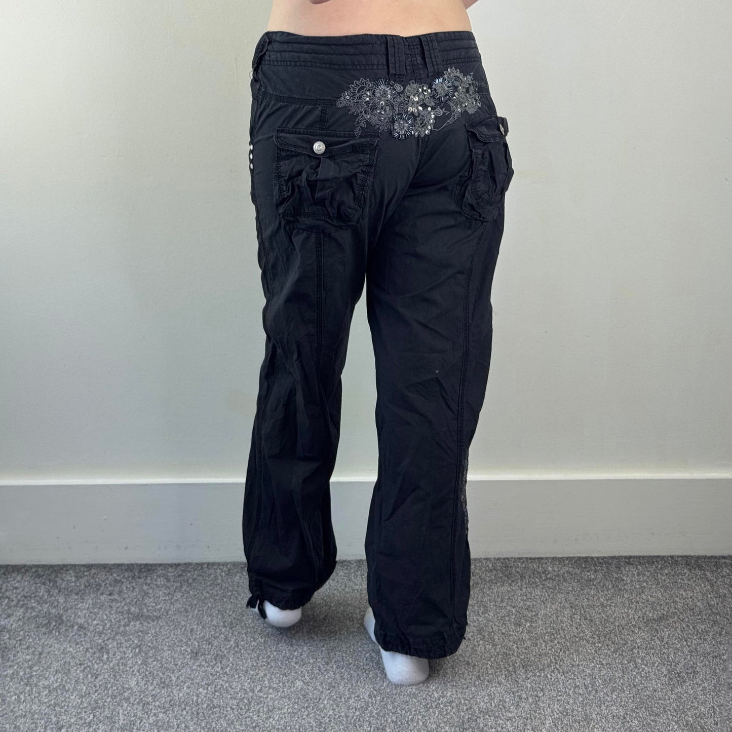 Y2K vintage low rise baggy cargo trousers black embellished sequin embroidery
