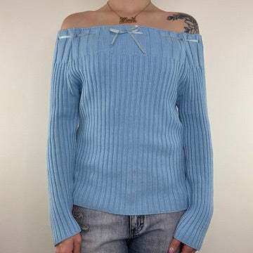 Y2K vintage knit jumper bow off the shoulder chunky slouchy ribbon long sleeve