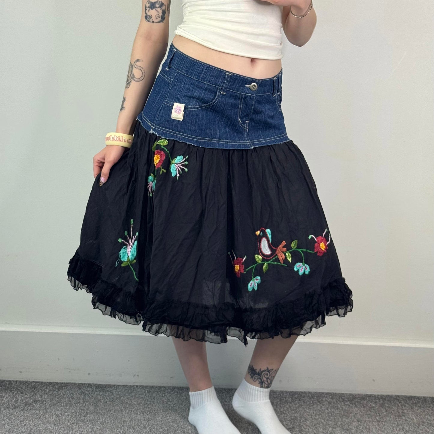 Y2K vintage boho denim cotton tiered embroidered midi skirt floral bird ruffle