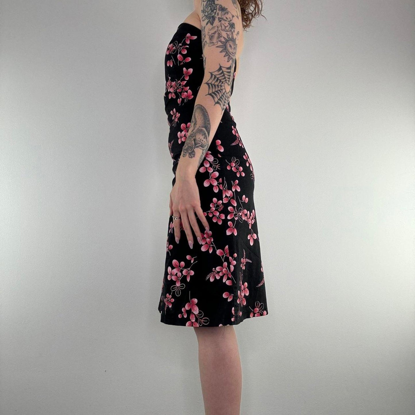 Y2K vintage strapless blossom floral midi dress a line fitted knee length