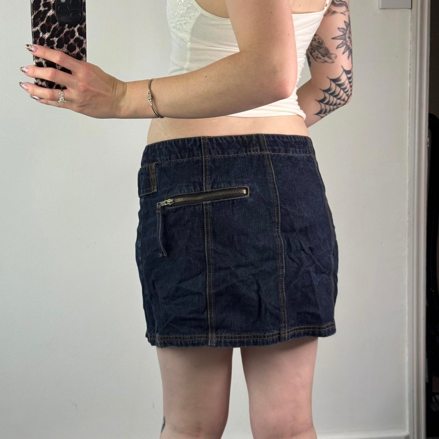 Y2K vintage faded dark denim mid rise mini skirt zippers cargo