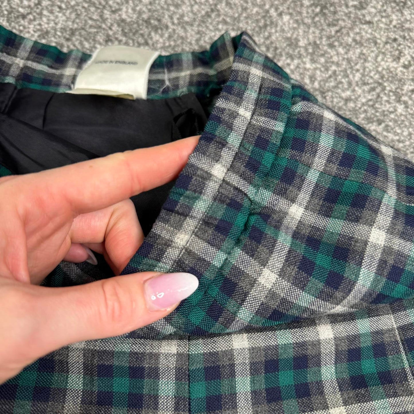 Y2K vintage 100% wool check tartan midi skirt a line lined blue green white