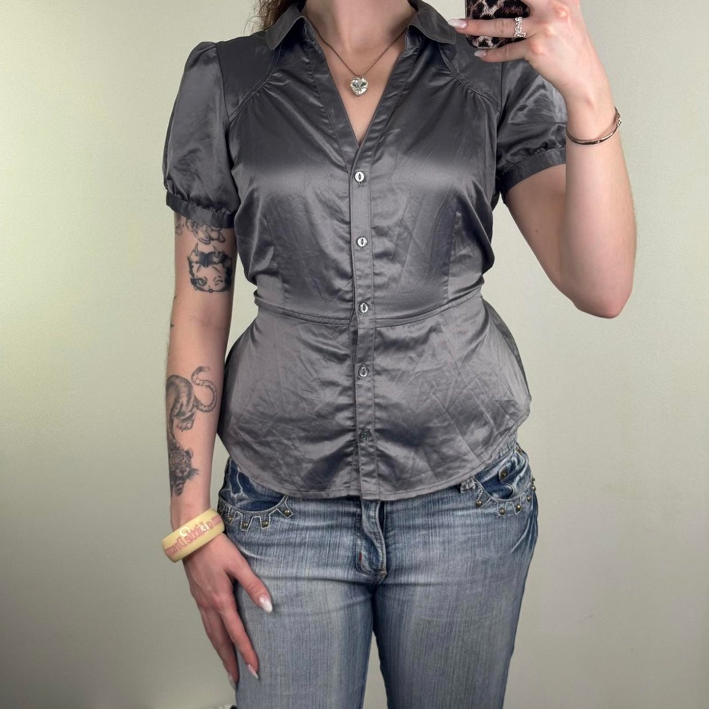 Y2K vintage satin blouse short sleeve button up adjustable bow fitted v neck